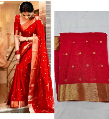 Farhan silk creation Solid/Plain, Woven, Self Design Banarasi Cotton Silk Saree(Red)