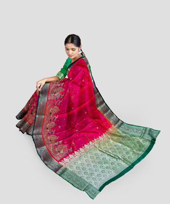 SHOPEEZY TEX FAB Embroidered Banarasi Art Silk Saree(Green, Pink)