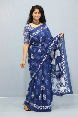 NIKHILAM Printed Daily Wear Pure Cotton Saree(Dark Blue)