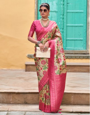 Satrani Printed Kanjivaram Art Silk Saree(Beige, Pink, Gold)