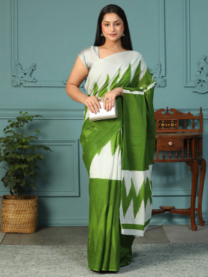 Shiv Shakti Emorium Printed Daily Wear Pure Cotton Saree(Green)