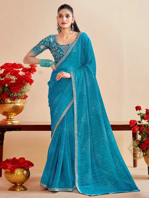 ROOP SUNDARI SAREES Printed, Embroidered Bandhani Chiffon Saree(Light Blue)