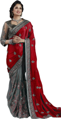 Manokamna Embroidered, Embellished Bollywood Net Saree(Red, Grey)