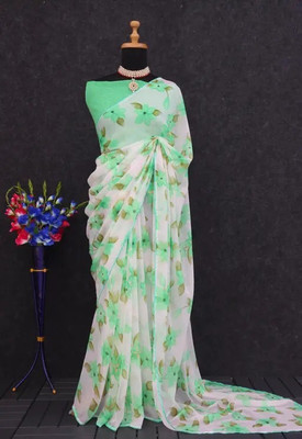 Dhara Floral Print Saree with Attached Blouse Chiffon Saree(Green)
