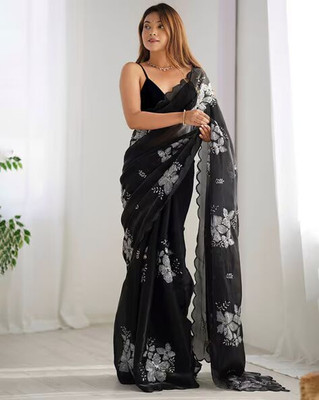 TEZMARK Embroidered Bollywood Silk Blend Saree(Black)