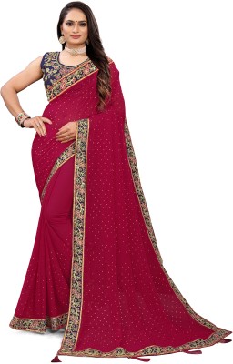 AARTI PRINTS Embroidered, Solid/Plain Bollywood Georgette, Chiffon Saree(Pink)