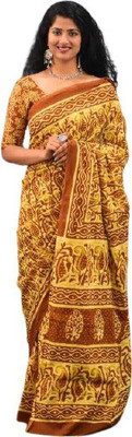 Clothonus Printed Ikkat Pure Cotton Saree(Mustard)