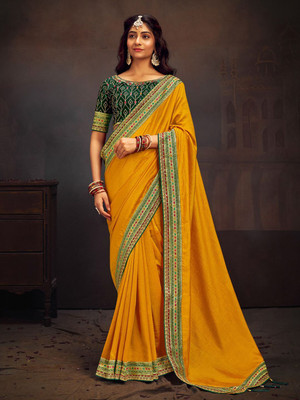 ANOUK Embroidered Bollywood Silk Blend Saree(Yellow)