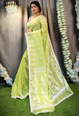 OSARIO Woven Jamdani Cotton Silk Saree(Yellow)