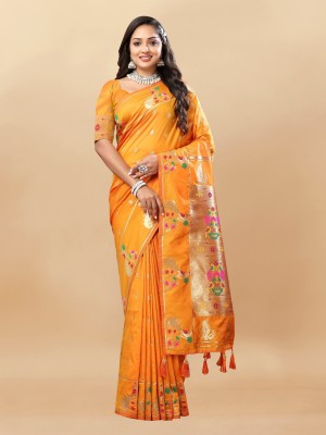 Bansari Textiles Self Design, Woven, Applique, Printed, Temple Border, Striped Paithani Jacquard, Cotton Blend Saree(Orange)