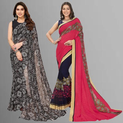 kashvi sarees Floral Print, Polka Print, Ombre, Printed Bollywood Georgette Saree(Pack of 2, Pink, Dark Blue, Black)