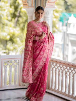 Anjaneya Sarees Woven Banarasi Cotton Silk Saree(Pink)