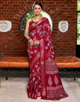 Samah Woven, Embellished, Printed Bollywood Art Silk, Silk Blend Saree(Maroon, White)