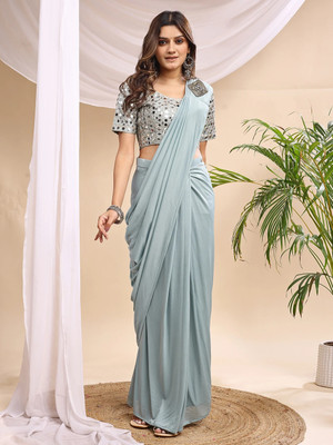 VRAJTEX FAB Solid/Plain Bollywood Lycra Saree(Grey)