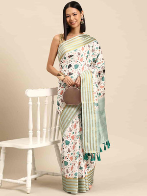 Divastri Digital Print Banarasi Silk Blend Saree(White)