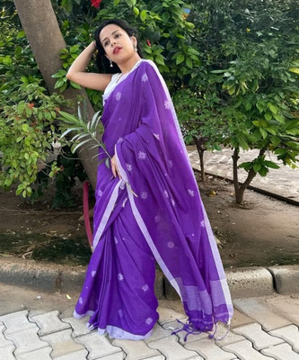 Puspa Fashion Self Design Handloom Cotton Blend Saree(Purple)