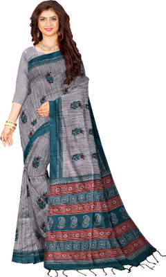 Joyguru Textile Floral Print, Printed Sambalpuri Cotton Blend Saree(Grey)