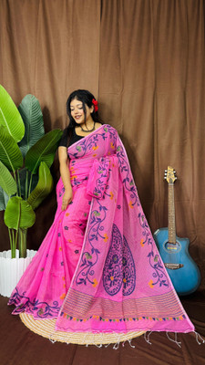 Pasum's Self Design, Embroidered, Woven, Floral Print Jamdani Cotton Silk Saree(Pink)