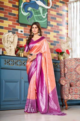 Navanari Solid/Plain Banarasi Jacquard, Art Silk Saree(Orange)