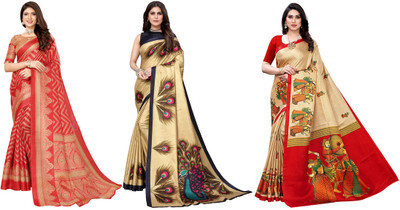 Nirvaan Printed Bollywood Art Silk Saree(Pack of 3, Red, Gold, Beige)