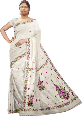 SHRISTI CLOTHINGS Embroidered Kantha Silk Blend Saree(Beige)