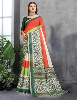 PRTRENDZ Printed Kanjivaram Pure Cotton, Cotton Linen Saree(Green)