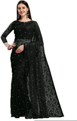 LIRTOZ Floral Print Bollywood Net Saree(Black)