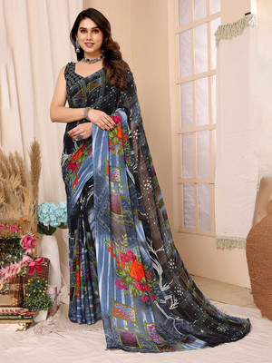 Moda Rapido Printed, Self Design Daily Wear Georgette Saree(Blue)
