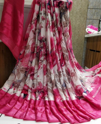 Bombey Velvat Fab Printed, Solid/Plain Kasavu Mulmul, Chiffon Saree(Pink)