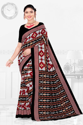 Odissi Fashion Printed Sambalpuri Pure Cotton Saree(White)