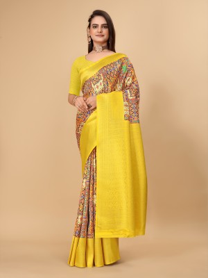 Pionex Woven, Geometric Print Kalamkari Jacquard, Pure Silk Saree(Yellow)