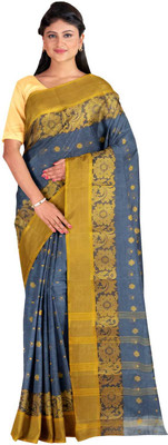 SABITA CUSTOMERY Self Design Handloom Pure Cotton Saree(Grey, Yellow)