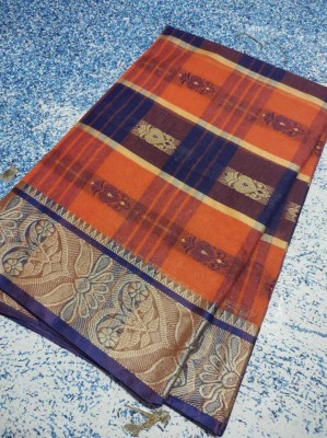 p fashion Self Design Handloom Pure Cotton Saree(Blue, Orange)