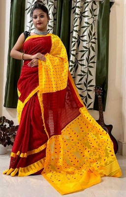 Ramisha Sarees Woven, Embroidered Jamdani Cotton Silk, Cotton Blend Saree(Red, Yellow)