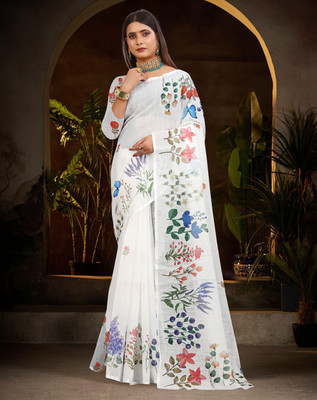 HangerStories Printed Kanjivaram Pure Cotton, Cotton Linen Saree(White)