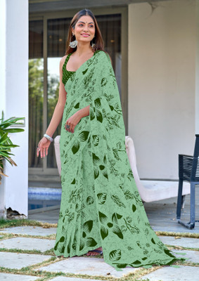 Divastri Blocked Printed, Printed Chanderi Cotton Blend Saree(Green)
