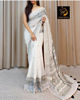 MAANVIT Self Design Bollywood Linen, Cotton Linen Saree(White)