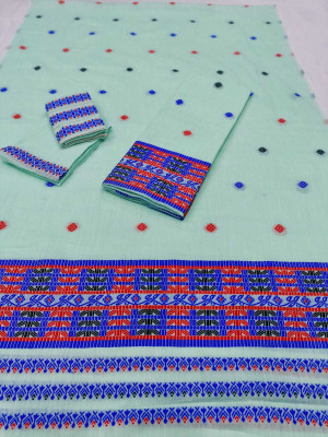 SARITA SILK MILS Woven, Geometric Print, Self Design Mekhela Chador Cotton Blend Saree(Light Green)