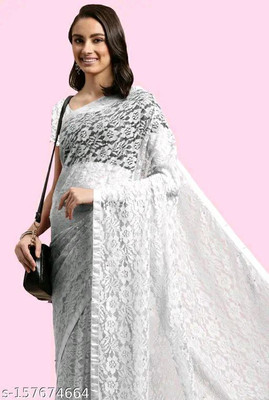 VioProm Floral Print Bollywood Net Saree(White)