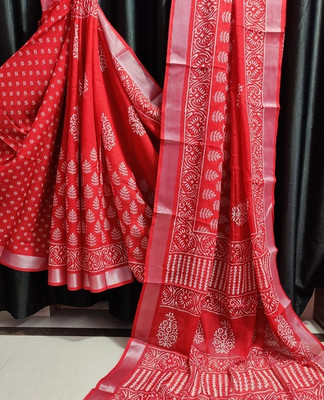 Suto Printed, Floral Print Bandhani Linen Saree(Red)