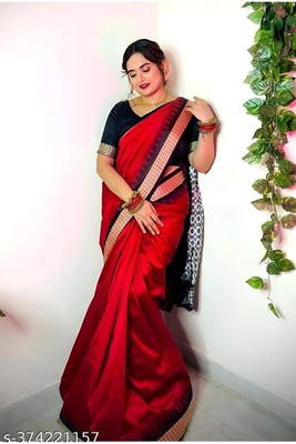 ETHNIC SAREES Bharat Temple Border, Solid/Plain Sambalpuri Silk Blend Saree(Red)