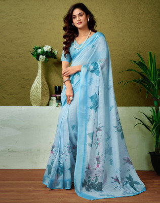 Divastri Digital Print, Floral Print, Printed Bollywood Linen Saree(Blue)