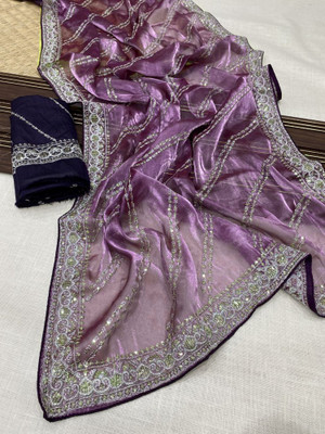 Vinayak Textile Embroidered, Embellished Bollywood Silk Blend, Tissue Saree(Purple)