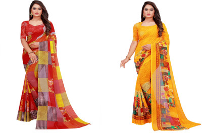 Saadhvi Printed Daily Wear Georgette Saree(Pack of 2, Red, Yellow)