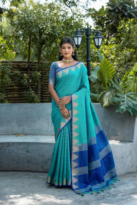 Bansari Textiles Self Design, Woven, Temple Border, Applique, Striped, Printed Banarasi Cotton Blend, Jacquard Saree(Light Blue)