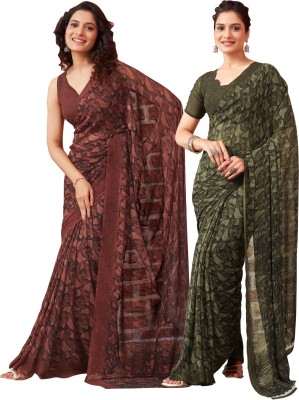 Samah Geometric Print, Printed Bollywood Georgette Saree(Pack of 2, Brown, Dark Green)