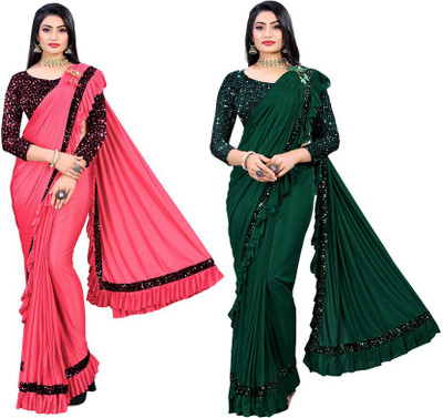 HARIOM FASHION Solid/Plain Bollywood Lycra Blend Saree(Pack of 2, Multicolor)