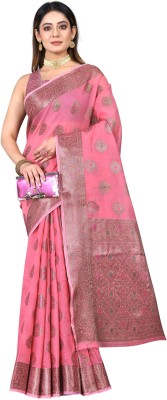 NIYAMI Printed, Striped, Embroidered, Woven, Floral Print Banarasi Art Silk, Cotton Silk Saree(Pink)