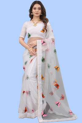 SHELDROM MART Self Design Bollywood Net Saree(White)