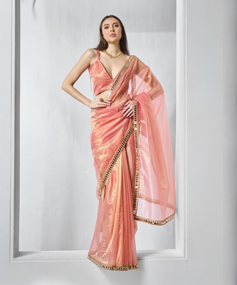 Kalista Embellished, Solid/Plain Bollywood Organza Saree(Pink)